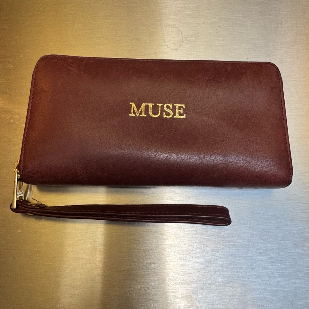 Zadig & Voltaire Paris “Muse” Leather Wristlet Clutch Burgundy Gold Hardware